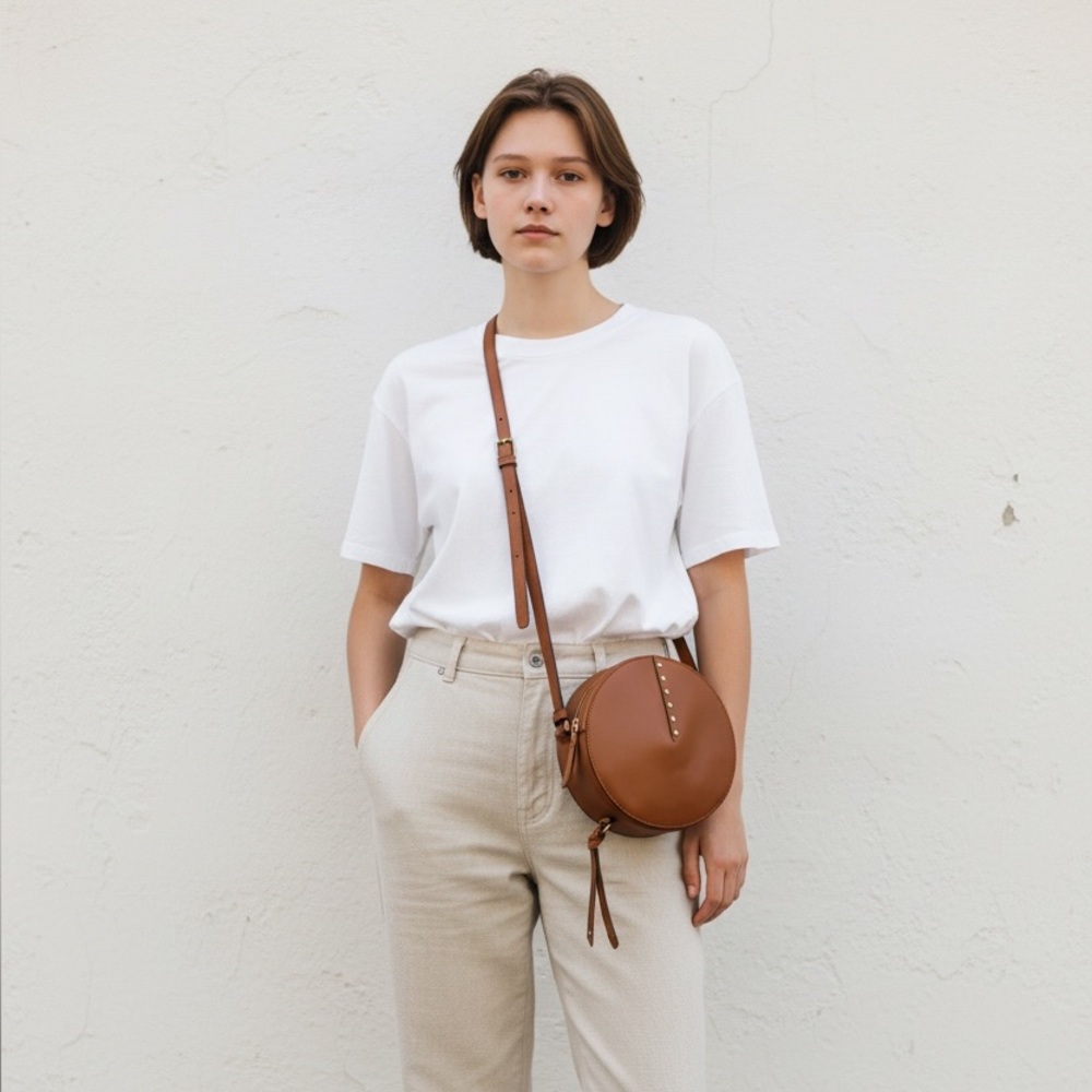Sandro Round Tan Leather Crossbody Bag with Adjustable Strap